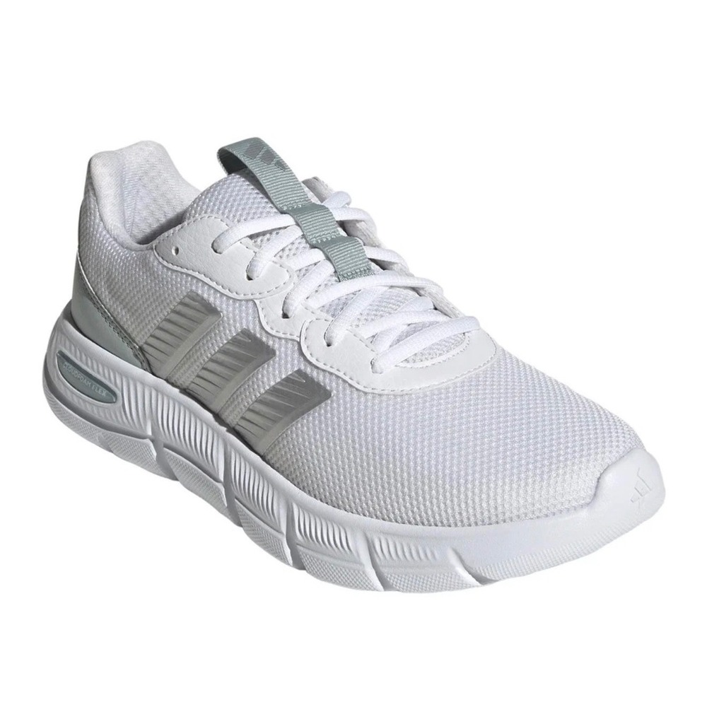 Adidas Cloudfoam Flex Laces Womens •8• White Silver Running Shoes Athleisure Gym